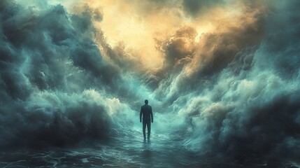 Obraz premium Man Facing a Stormy Sea: A Surreal Journey