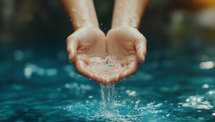 Fototapeta premium Clear water stream pouring into cupped hands, symbolizing purity and connection with nature