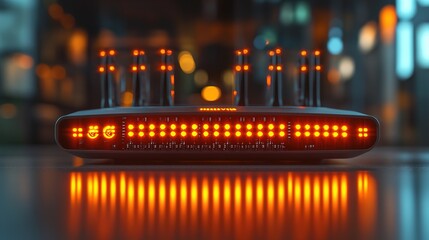 Modern router device with blinking LED lights on clean desk, symbolizing network security and connectivity, with copy space for text or design elements.