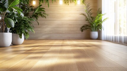 Fototapeta premium Sunlit Wooden Floor with Potted Plants Minimalist Interior Design