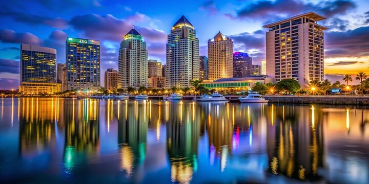 San Diego Night Skyline: Manchester Grand Hyatt Hotel Overlooking Tuna Harbor - August 2023