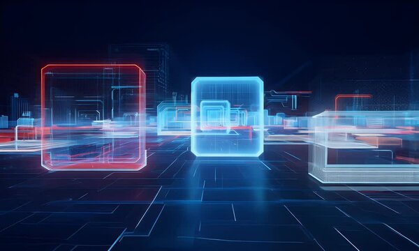 abstract composition of glowing firewalls and blocked paths, representing cybersecurity defenses