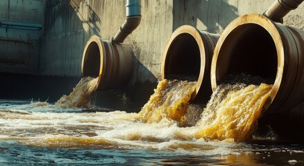 A magnificent shot of water pouring out from three large pipes into the river, showing dirty brown and yellow sludge in their walls. 