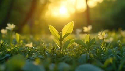 Fresh life and spring renewal, young seedlings sprouting in front of a thriving green forest, nature awakening scene