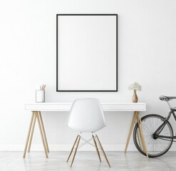 Minimalist home office with blank frame, desk, chair, and bicycle.