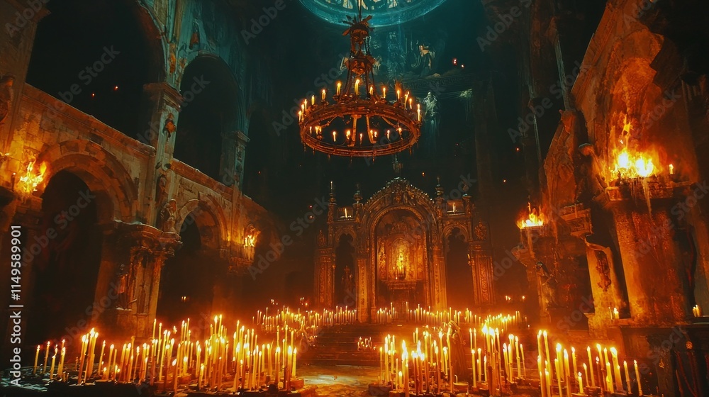 Poster multiple flickering candle flames create a warm, serene atmosphere in a majestic church, inviting qu