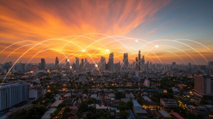 Glowing Connections at Dusk Over City Skyline