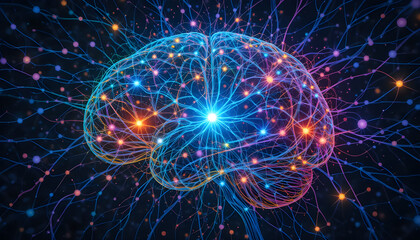 Digital visualization of a brain with glowing neural connections and vibrant colors