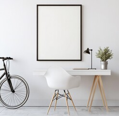 Minimalist home office with empty frame, bicycle, and desk.