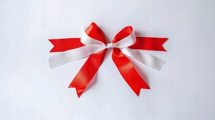 Red and white satin ribbon bow on white background.