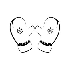 black line drawing of mittens with snowflake design on transparent background