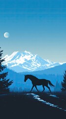 Silhouette of a wild horse blending with snow