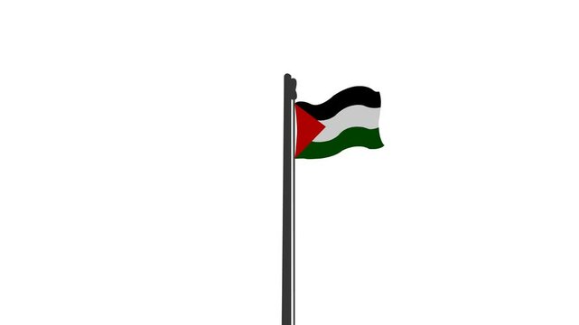 A vector animation of the Palestinian flag waving, with smooth, flowing motion as it ripples in the wind, showcasing the red, green, white, and black stripes in a dynamic and realistic way.
