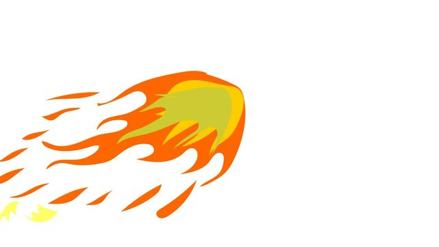 A vector animation of a fiery meteor, streaking through the sky with a glowing, blazing tail, creating dynamic, intense motion as it falls, leaving a trail of fire and sparks in its wake.