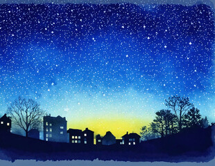 은하수 가득한 밤하늘 지평선 건물 실루엣 풍경