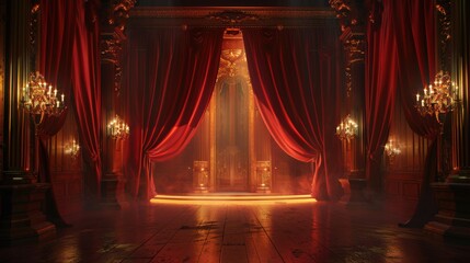 Luxurious red velvet curtains stage in a grand hall.