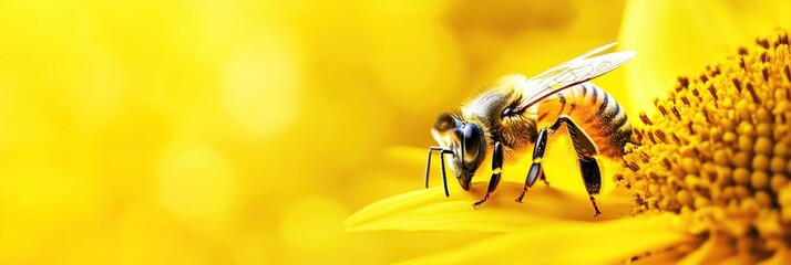 closeup of a honeybee on a yellow flower