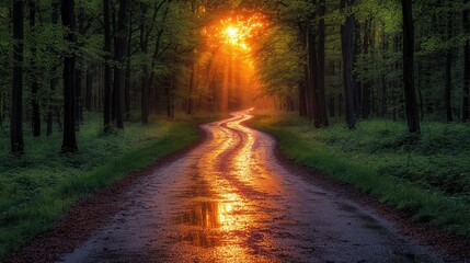 Obraz premium Sunlit forest path after rain.