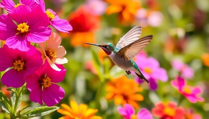 Obraz premium a bird flies near a beautiful flower