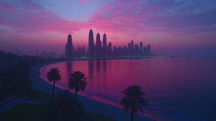 Fototapeta premium Sunrise over a city skyline reflecting on the water, with palm trees on the beach.