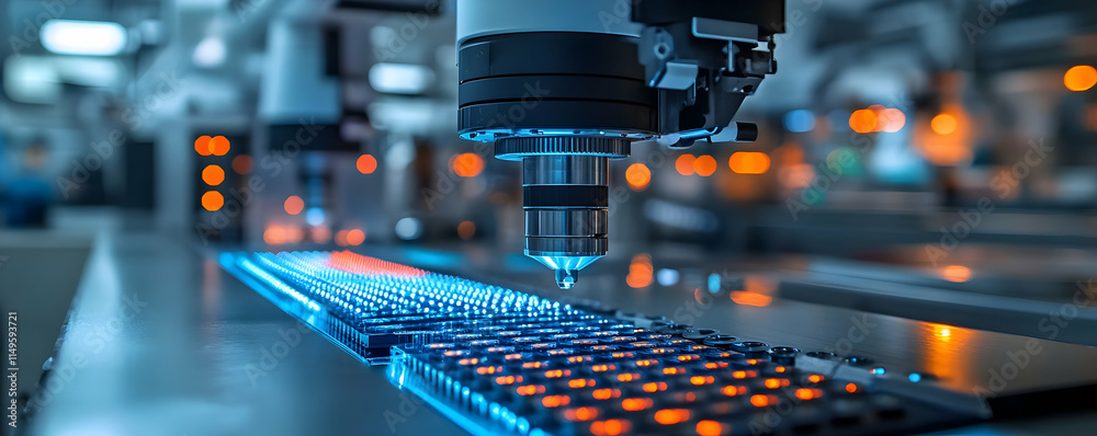 Poster a high-tech microscope examines a patterned surface in a laboratory setting.
