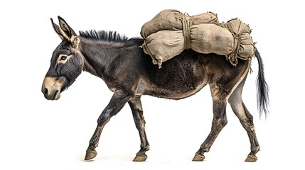 Fototapeta premium A sturdy donkey carrying load walks steadily, symbolizing hard work and perseverance against a clean, neutral backdrop.
