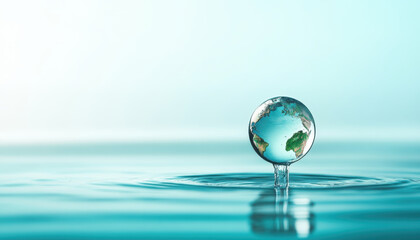 Earth shaped water droplet creating ripples in calm blue water, symbolizing nature beauty and tranquility
