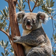 A koala cuddled up in a eucalyptus tree under a soft blue sky.