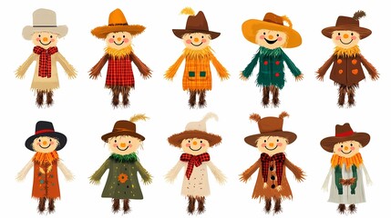 Fototapeta premium Colorful Collection of Cheerful Scarecrows in Various Outfits for Autumn Festivities and Seasonal Harvest Celebrations in a Playful Cartoon Style