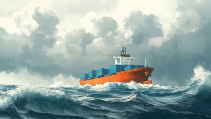 Orange rescue boat battling through stormy seas under a dark, ominous sky. Perfect for themes of adventure, resilience, and maritime rescue operations