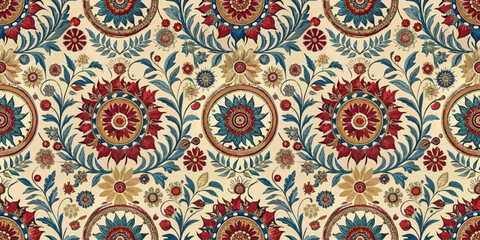 Vibrant floral wallpaper pattern with intricate designs in blue and red tones.