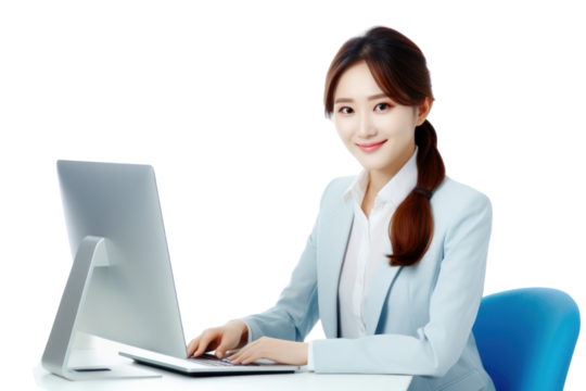 PNG A Portrait of Beautiful Asian Manager Using Desktop Computer computer sitting laptop.