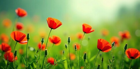 Fototapeta premium Blooming corn poppy flowers in a green meadow, grass, poppies, spring