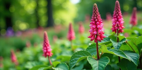 Blooming Stachys sylvatica in a hedged woodland garden, spring growth, hedge woundwort
