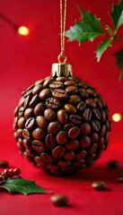 Christmas ball made from coffee beans on red background with festive holly branches, holly, festive