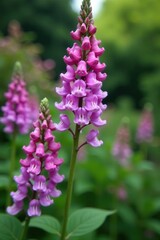 Obraz premium Clusters of small, pinkish-purple flowers dangle from a tall stem, garden decoration, flowers