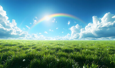 Obraz premium A vibrant landscape featuring a rainbow over a lush green field under a bright blue sky.