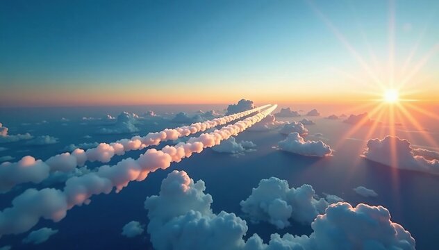 Contrails from airplanes stretching across a vast sky, clouds, aircraft engines, atmospheric conditions