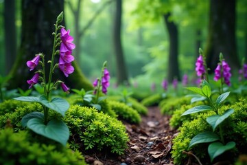Dark green forest floor with foxglove purple flowers, ferns and moss, foxglove, purple flowers, ferns
