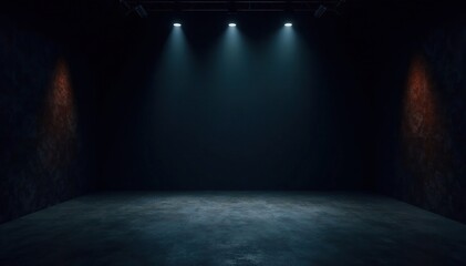 Dark studio showroom with black background and dim lighting, studio, lighting, mysterious
