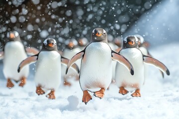 Obraz premium A group of penguins waddle through the snow, with a playful one leaping towards the camera.