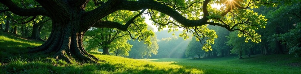 Dense forest canopy with sprawling oak branches, trees, landscape