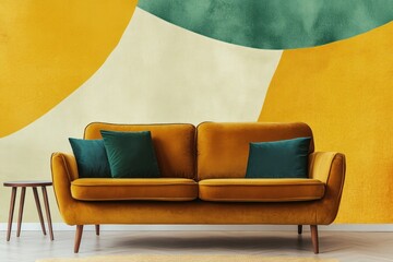 Mustard yellow velvet sofa against abstract yellow, green, beige wall art.