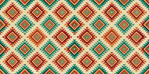 Vibrant geometric pattern in earthy tones with contrasting teal and rust colors.