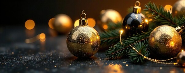 Fototapeta premium Expensive luxury Christmas decorations in gold and black metallic, christmas decor, shining, elegant