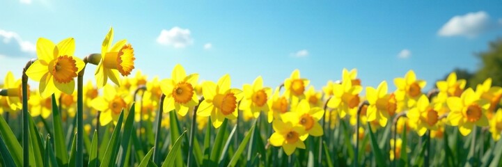 Fototapeta premium Field of blooming daffodils with bright yellow petals against a clear blue sky, sunshine, landscape, garden