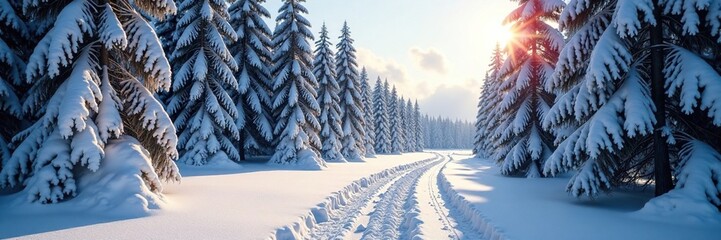 Icy forest landscape with snow-covered trees and a sunlit clearing, frozen, snow, sunlight