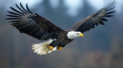 Fototapeta premium With mighty wings spread wide, a bald eagle glides effortlessly in the clear blue expanse, embodying grace, power, and independence. Sunlight highlights its striking features as it hunts