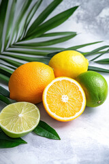 Vibrant arrangement of sliced citrus fruits and green leaves on a rustic white surface, showcasing fresh oranges, lemons, and limes and evoking a tropical feel.