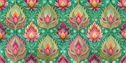 Colorful floral pattern featuring vibrant lotus designs on a green background.